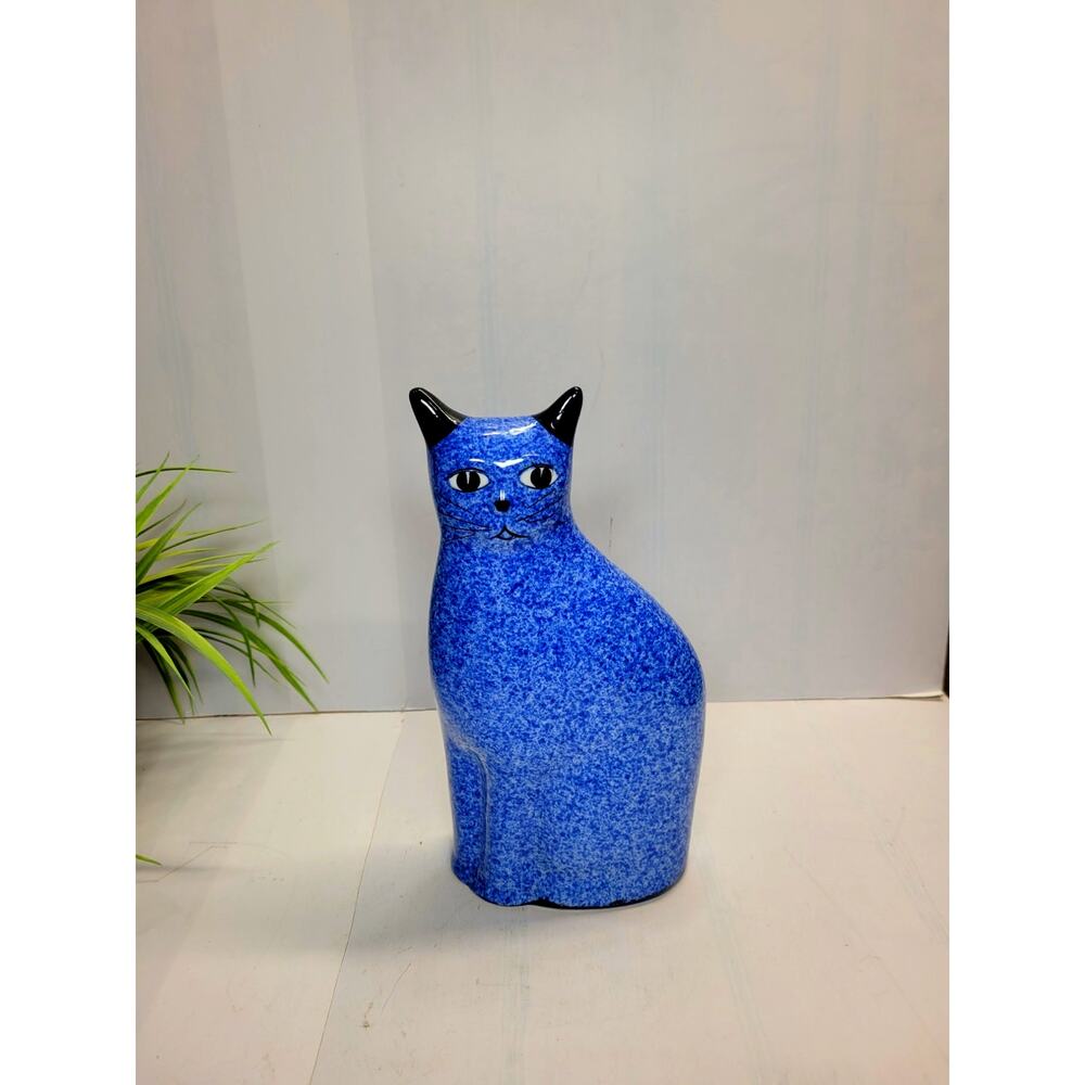 Vintage Blue Spongeware Ceramic Cat Figurine Calico Fine China Enesco 10"